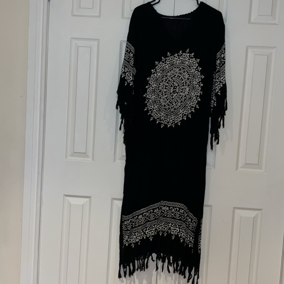 Vintage style Boho chic white black dress with fringe details Sz M - Picture 3 of 13